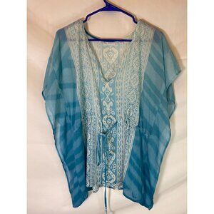 NEW YORK & CO WOMENS M MEDIUM BOHO STYLE TOP SHIRT BLOUSE TEAL Vneck Lace